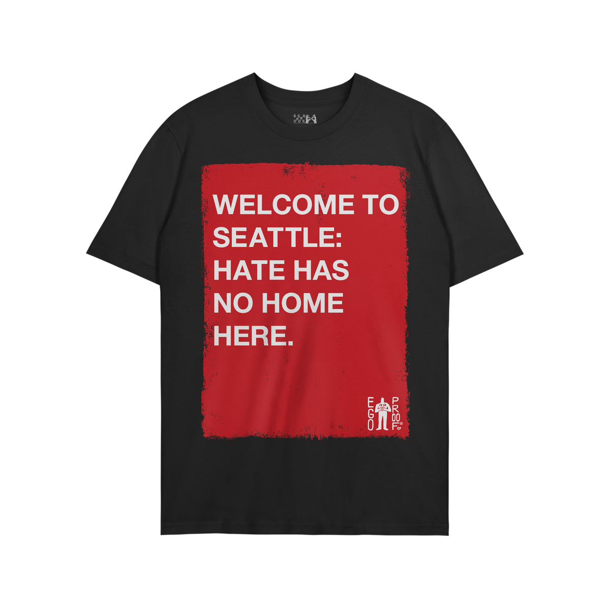Custom Hate Has No Home Here T-shirt with a bold red rectangle featuring an inclusive message, perfect for promoting equity a