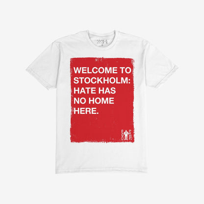 Custom Hate Has No Home Here T-shirt featuring a bold red graphic with white text, promoting inclusivity and justice. A minimalist statement piece perfect for expressing your values and supporting community causes.