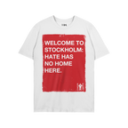 Custom Hate Has No Home Here T-shirt featuring a bold red graphic with white text, promoting inclusivity and justice. A minim