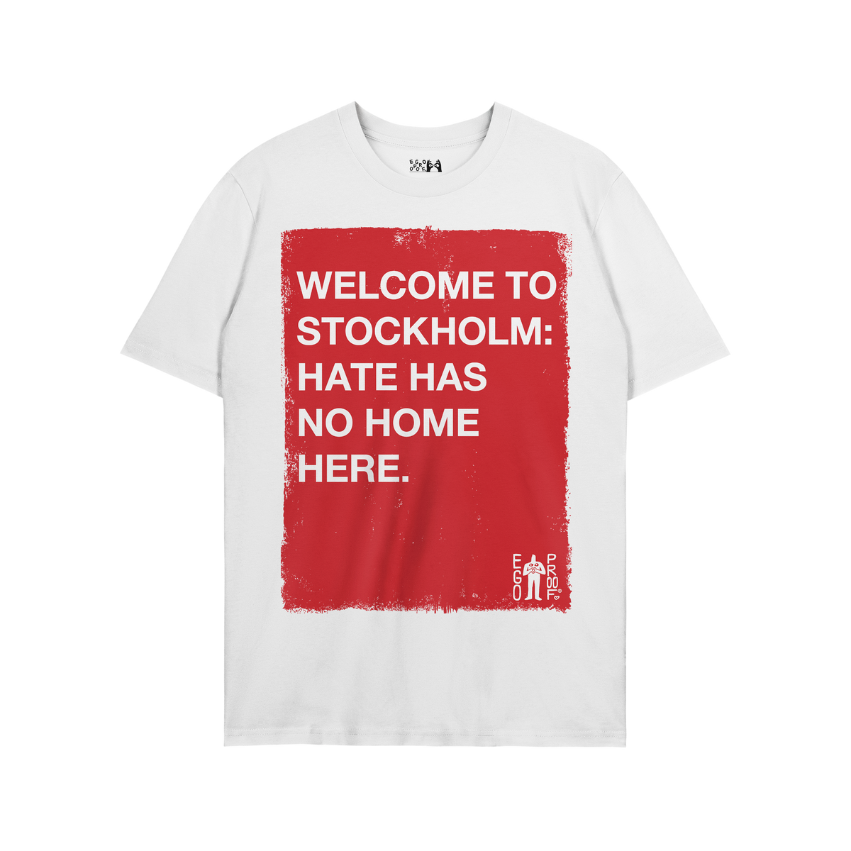 Custom Hate Has No Home Here T-shirt featuring a bold red graphic with white text, promoting inclusivity and justice. A minim