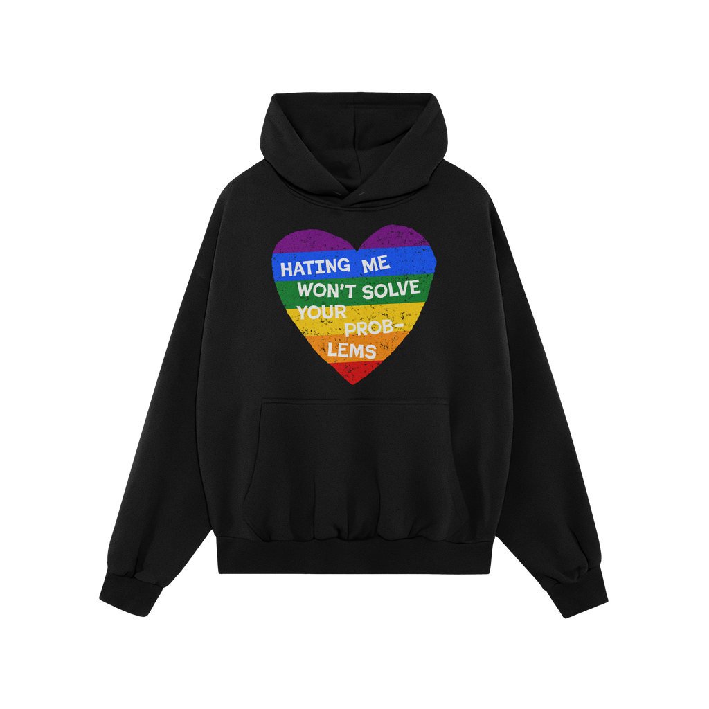 No LGBTQ Hate Shirt featuring a distressed-style rainbow heart on a black hoodie, emblazoned with the bold slogan “HATING M