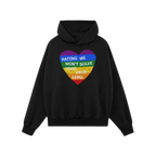 No LGBTQ Hate Shirt featuring a distressed-style rainbow heart on a black hoodie, emblazoned with the bold slogan “HATING M