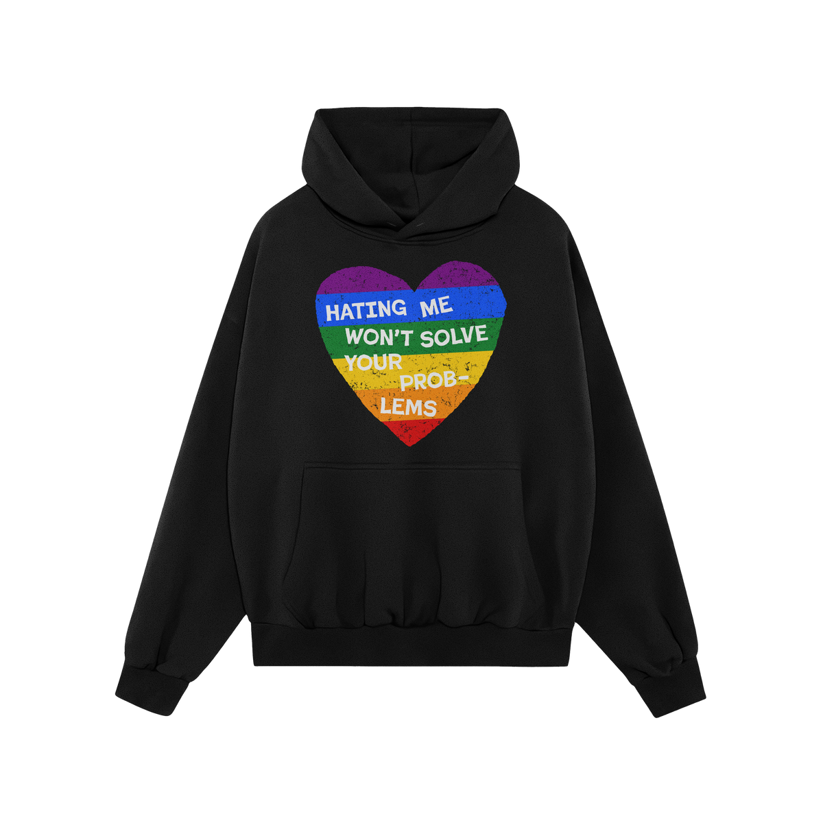 No LGBTQ Hate Shirt featuring a distressed-style rainbow heart on a black hoodie, emblazoned with the bold slogan “HATING M