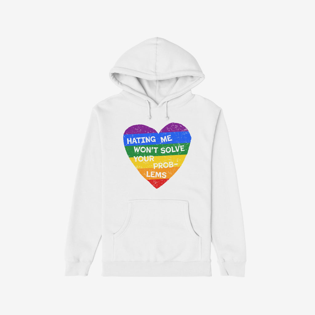 No LGBTQ Hate Shirt: White pullover hoodie with a distressed rainbow heart and bold message against hate, promoting LGBTQ+ love and resistance. Features drawstrings and a front pocket.