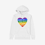 No LGBTQ Hate Shirt: White pullover hoodie with a distressed rainbow heart and bold message against hate, promoting LGBTQ+ love and resistance. Features drawstrings and a front pocket.