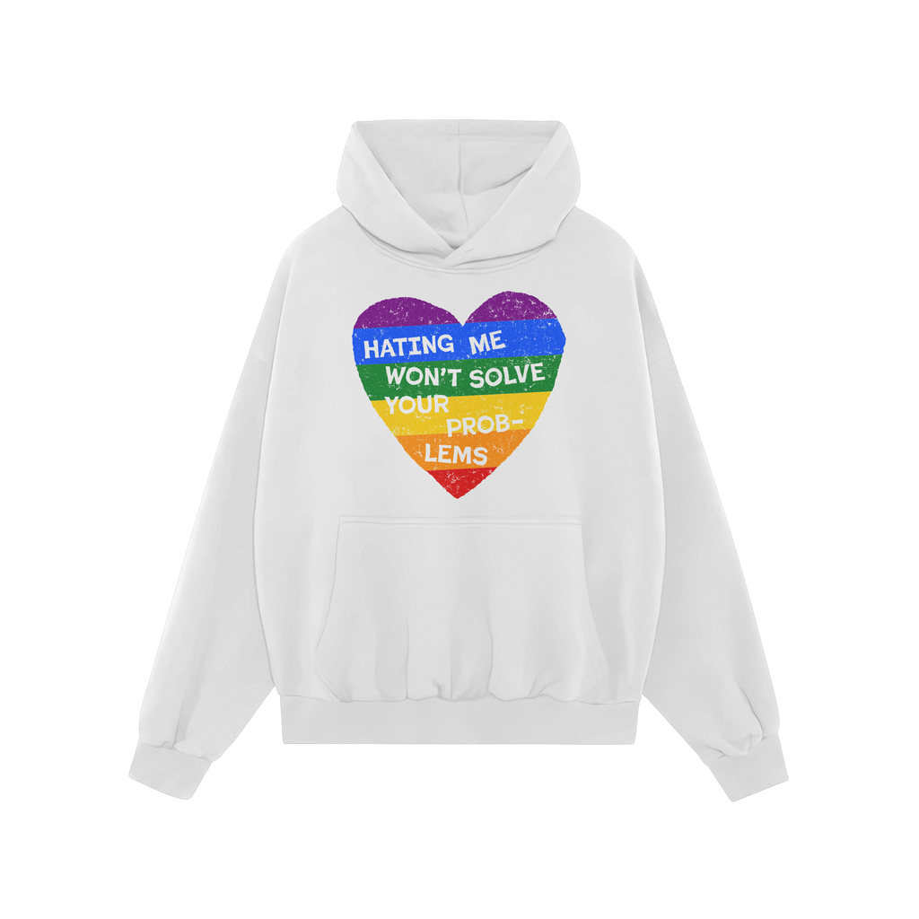 No LGBTQ Hate Shirt: White pullover hoodie with a distressed rainbow heart and bold message against hate, promoting LGBTQ+ lo