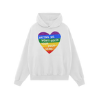 No LGBTQ Hate Shirt: White pullover hoodie with a distressed rainbow heart and bold message against hate, promoting LGBTQ+ lo