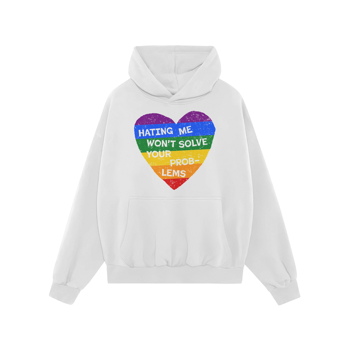 No LGBTQ Hate Shirt: White pullover hoodie with a distressed rainbow heart and bold message against hate, promoting LGBTQ+ lo