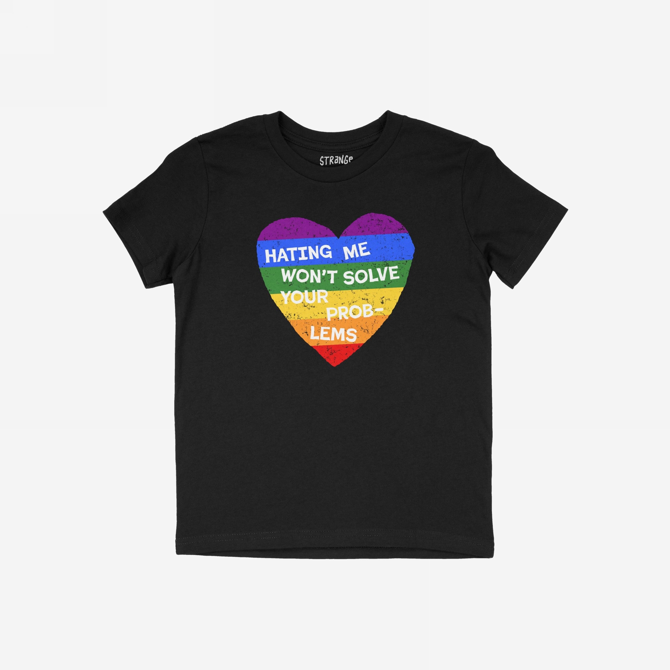 No LGBTQ Hate Shirt featuring a rainbow-striped heart with the message, “HATING ME WON’T SOLVE YOUR PROBLEMS.” This black T-shirt champions LGBTQ+ love and resistance, supporting The Trevor Project.