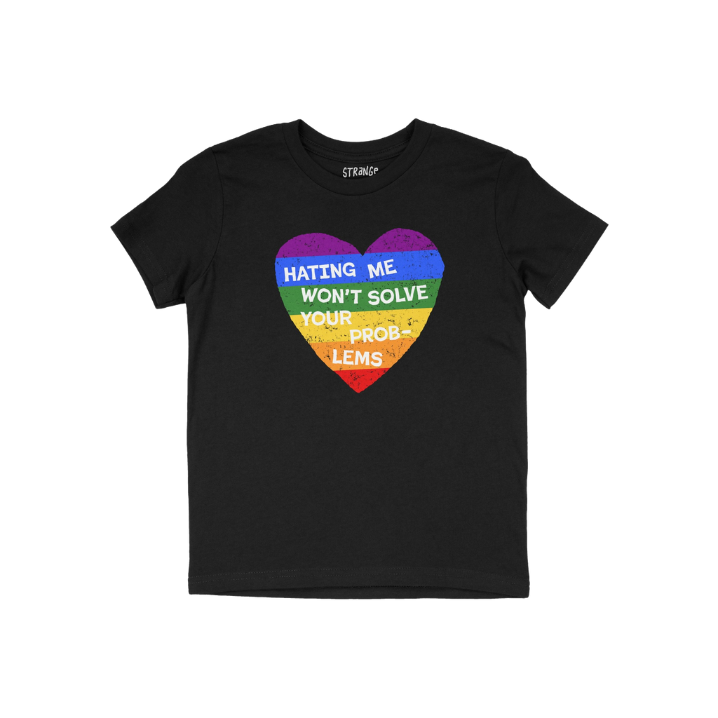 No LGBTQ Hate Shirt featuring a rainbow-striped heart with the message, “HATING ME WON’T SOLVE YOUR PROBLEMS.” This bla