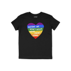 No LGBTQ Hate Shirt featuring a rainbow-striped heart with the message, “HATING ME WON’T SOLVE YOUR PROBLEMS.” This bla