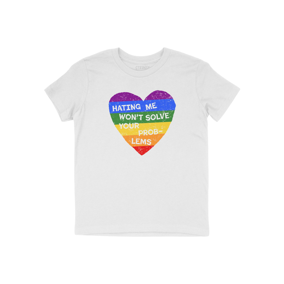 No LGBTQ Hate Shirt featuring a distressed rainbow heart with the slogan Hating Me Won't Solve Your Problems, symbolizing LGB