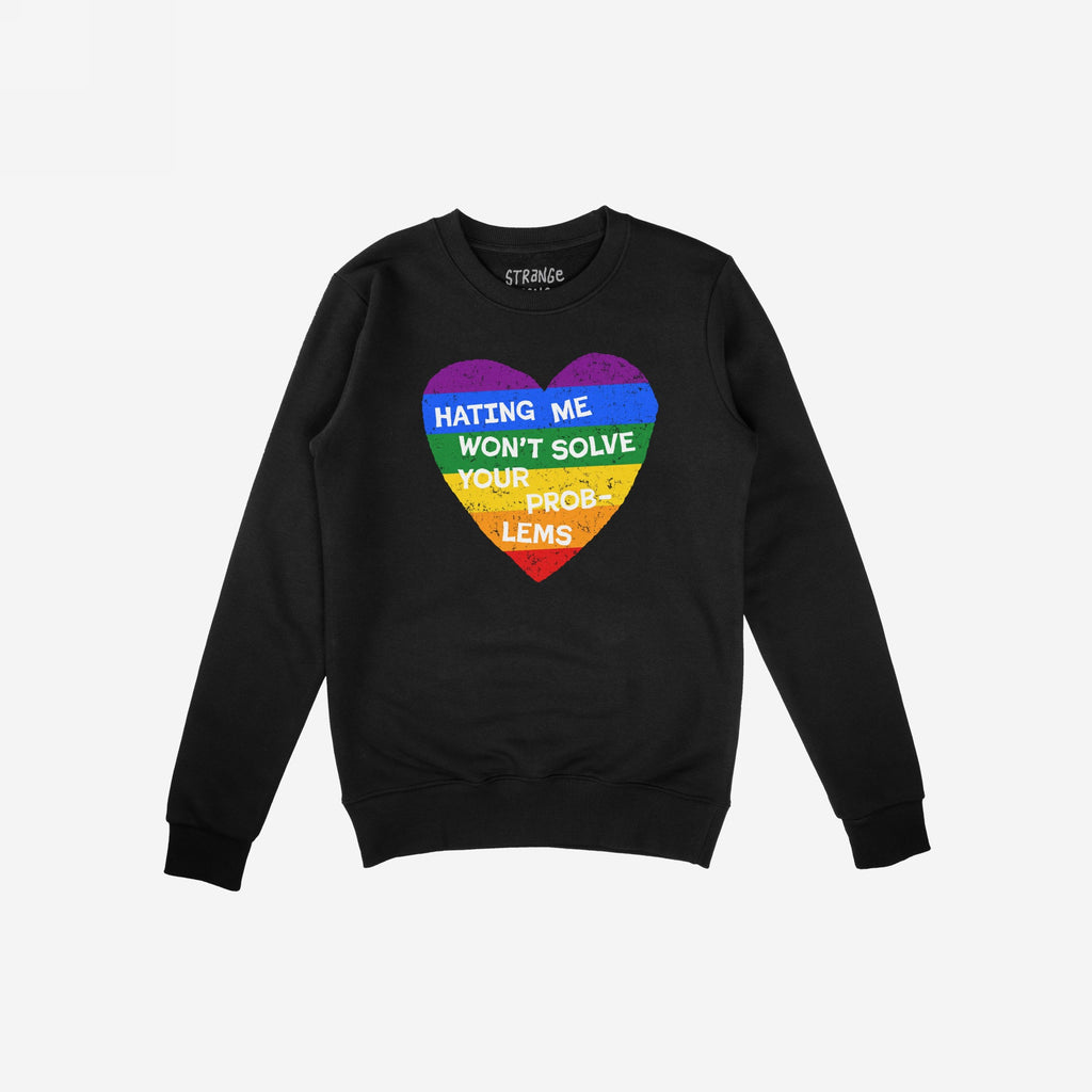 No LGBTQ Hate Shirt features a distressed rainbow heart and bold slogan, promoting equality and LGBTQ+ love. This black crewneck sweatshirt stands for resistance and visibility in support of The Trevor Project.