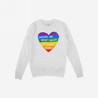 No LGBTQ Hate Shirt: A white crew-neck sweatshirt featuring a distressed rainbow-stripe heart and the bold statement HATING ME WON’T SOLVE YOUR PROBLEMS, promoting LGBTQ love and resistance.