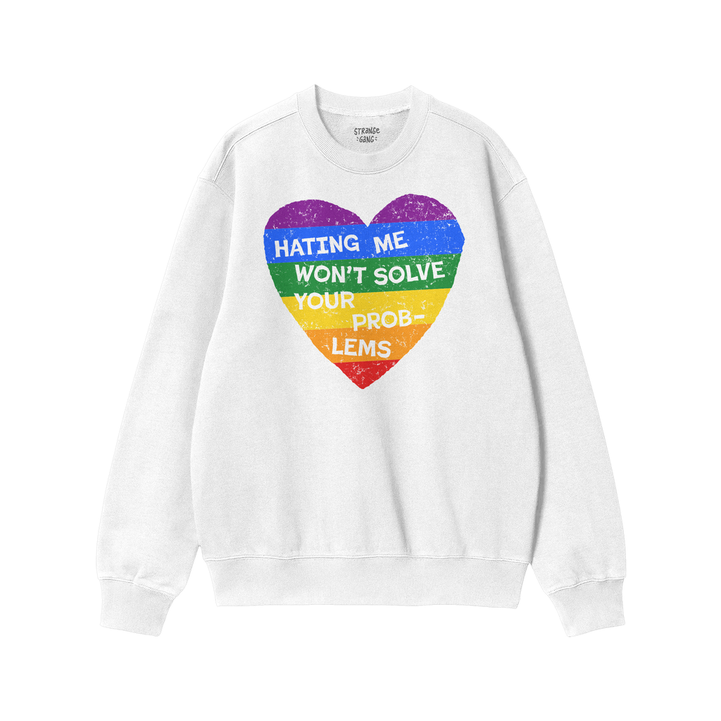 No LGBTQ Hate Shirt: A white crew-neck sweatshirt featuring a distressed rainbow-stripe heart and the bold statement HATING M