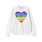 No LGBTQ Hate Shirt: A white crew-neck sweatshirt featuring a distressed rainbow-stripe heart and the bold statement HATING M