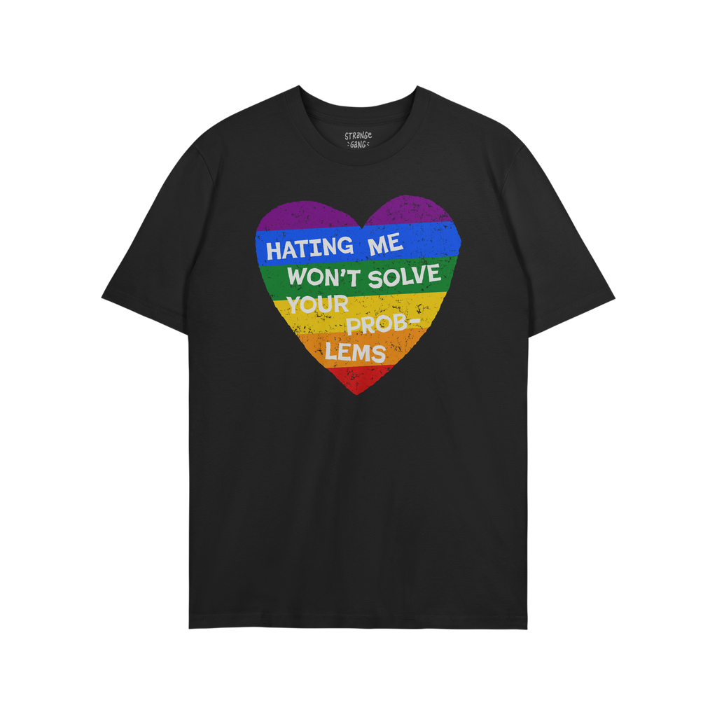 No LGBTQ Hate Shirt features a distressed rainbow heart with “HATING ME WON’T SOLVE YOUR PROBLEMS” text, symbolizing LG