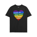 No LGBTQ Hate Shirt features a distressed rainbow heart with “HATING ME WON’T SOLVE YOUR PROBLEMS” text, symbolizing LG