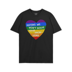 No LGBTQ Hate Shirt features a distressed rainbow heart with “HATING ME WON’T SOLVE YOUR PROBLEMS” text, symbolizing LG
