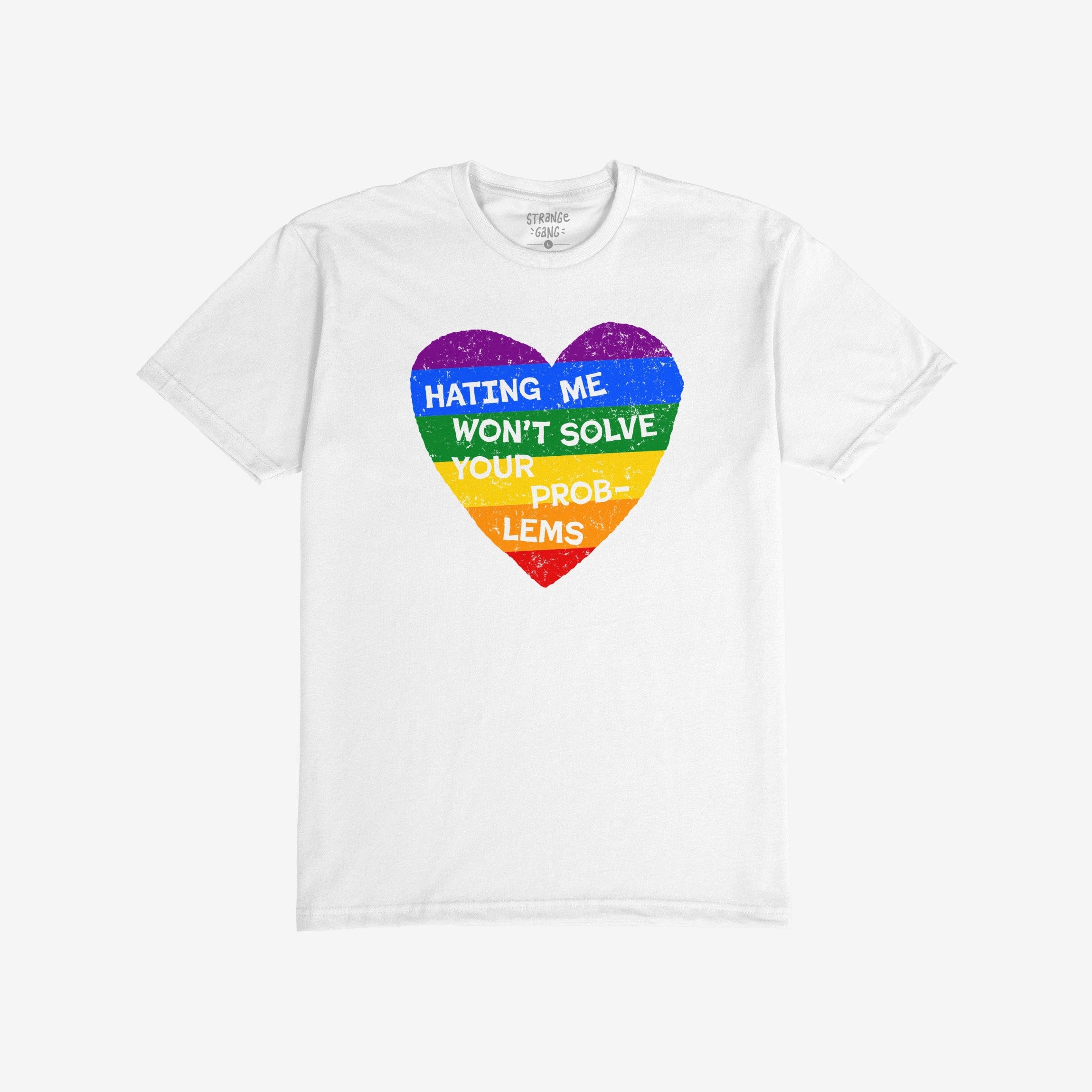 The No LGBTQ Hate Shirt features a distressed rainbow heart with “HATING ME WON’T SOLVE YOUR PROBLEMS” slogan, promoting LGBTQ pride, resistance, and equality.