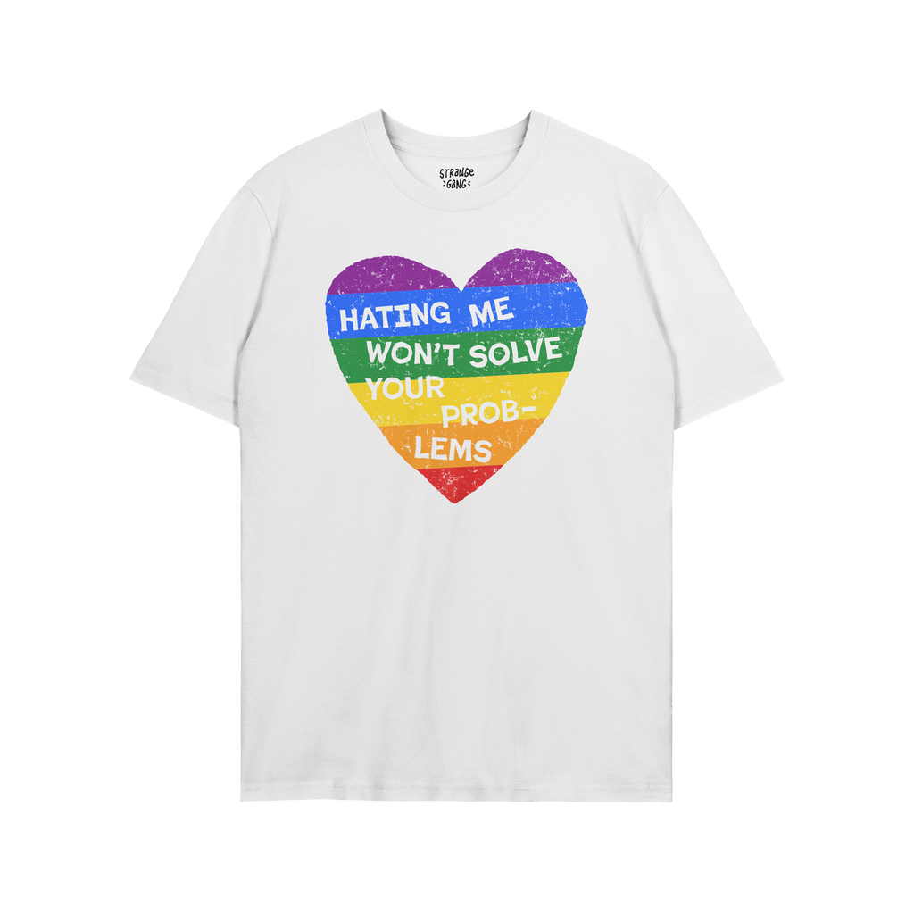 The No LGBTQ Hate Shirt features a distressed rainbow heart with “HATING ME WON’T SOLVE YOUR PROBLEMS” slogan, promotin