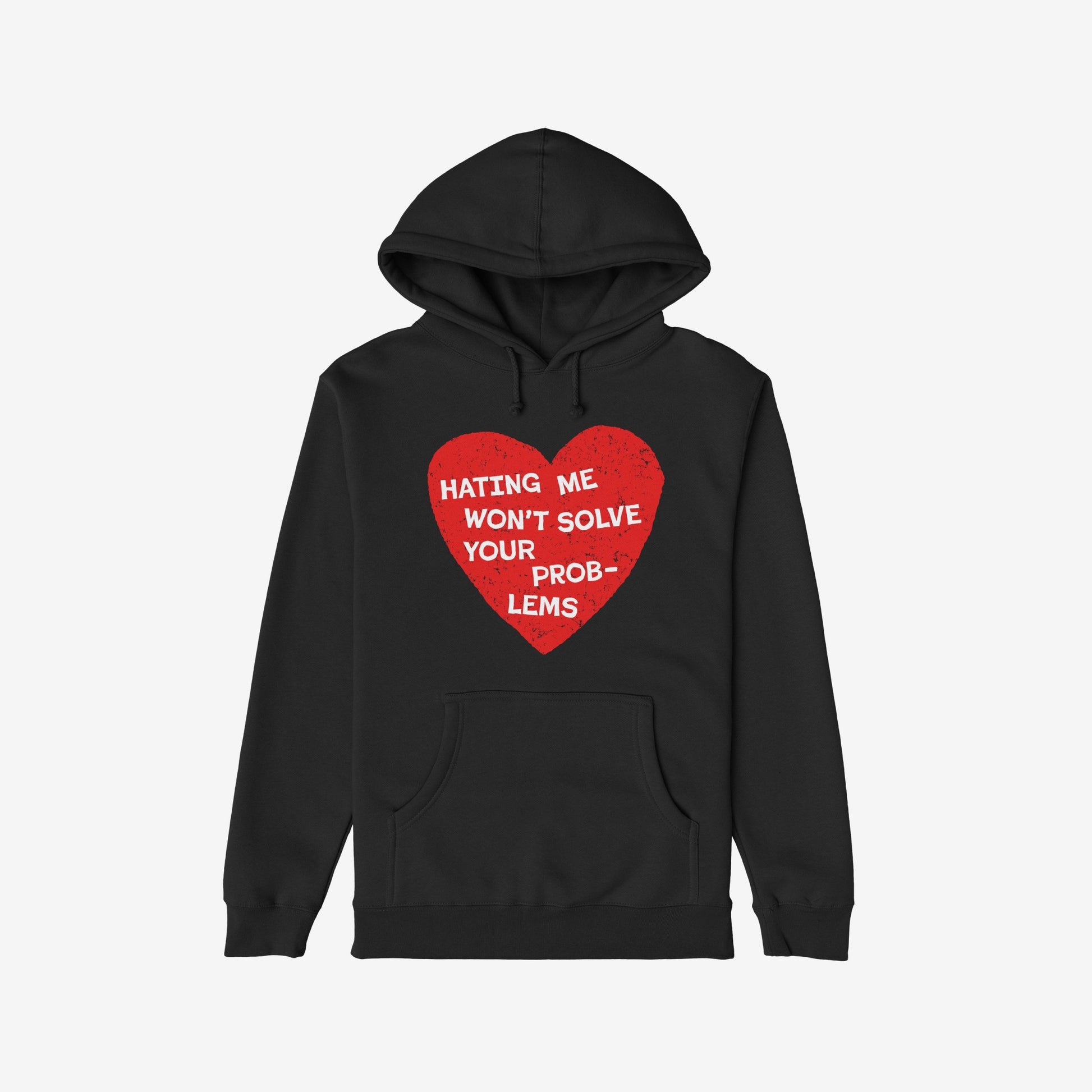 No Hate Shirt featuring a distressed red heart graphic with the message “HATING ME WON’T SOLVE YOUR PROBLEMS” on a black hoodie, symbolizing support for LGBTQ rights and human dignity.