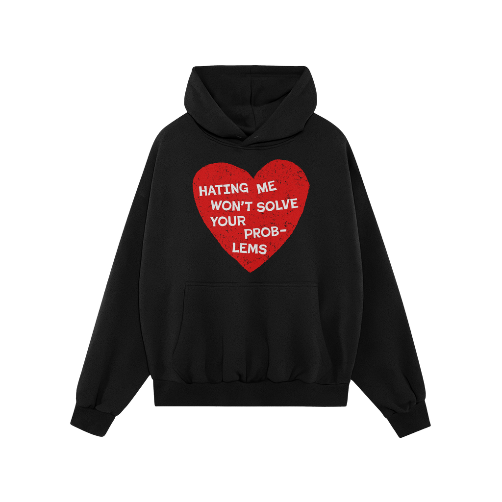 No Hate Shirt featuring a distressed red heart graphic with the message “HATING ME WON’T SOLVE YOUR PROBLEMS” on a blac