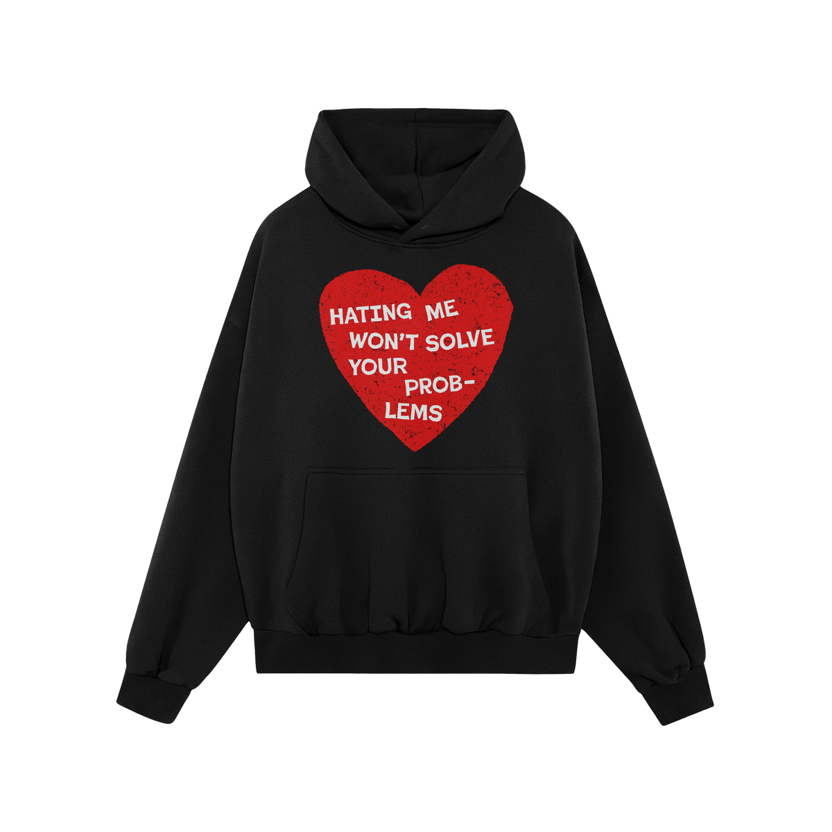 No Hate Shirt featuring a distressed red heart graphic with the message “HATING ME WON’T SOLVE YOUR PROBLEMS” on a blac