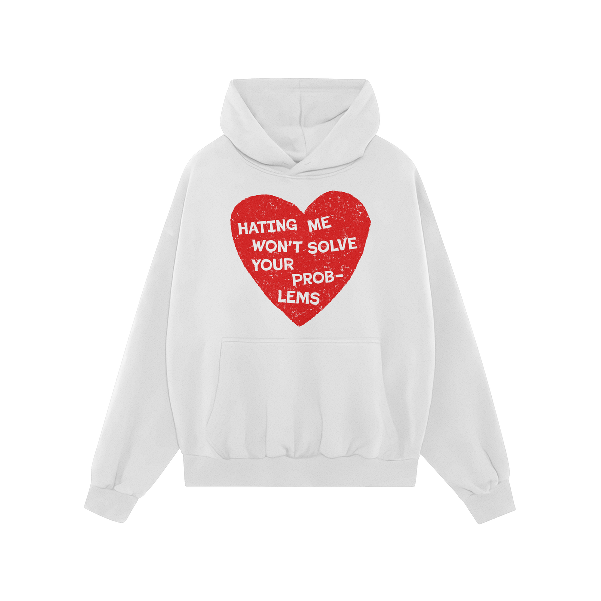 White pullover hoodie featuring the No Hate Shirt design, showcasing a distressed red heart with the message: Hating Me Won��