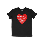 No Hate Shirt featuring a distressed red heart with the message “HATING ME WON’T SOLVE YOUR PROB-LEMS,” symbolizing sup