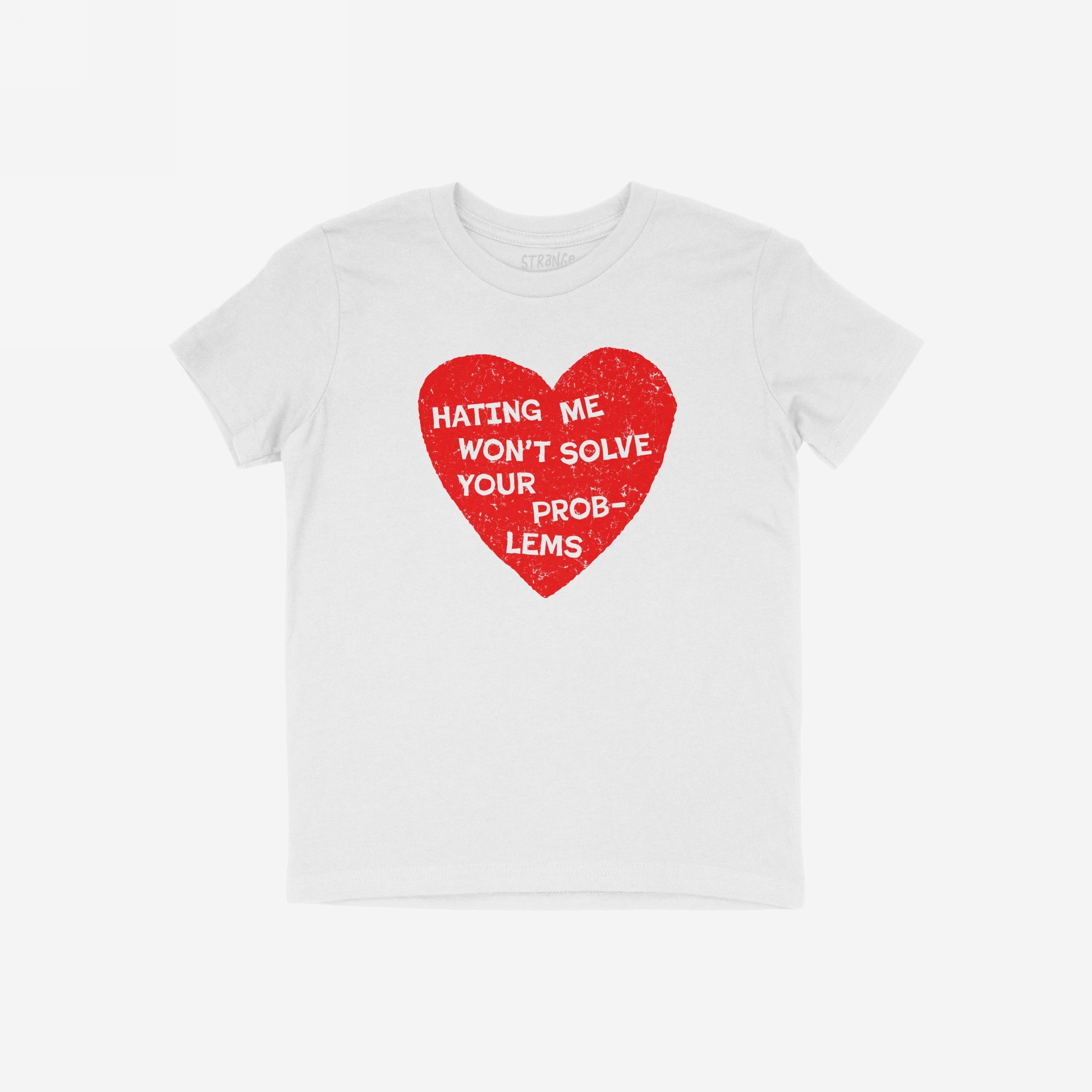 No Hate Shirt featuring a distressed red heart with the slogan Hating Me Won’t Solve Your Problems, symbolizing support for LGBTQ rights and justice, designed for activism and everyday empowerment.