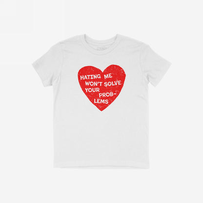 No Hate Shirt featuring a distressed red heart with the slogan Hating Me Won’t Solve Your Problems, symbolizing support for LGBTQ rights and justice, designed for activism and everyday empowerment.