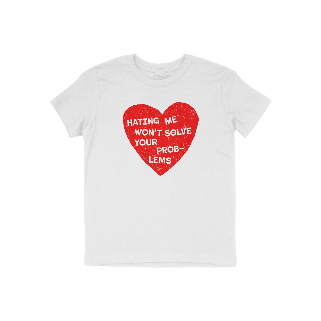 No Hate Shirt featuring a distressed red heart with the slogan Hating Me Won’t Solve Your Problems, symbolizing support for
