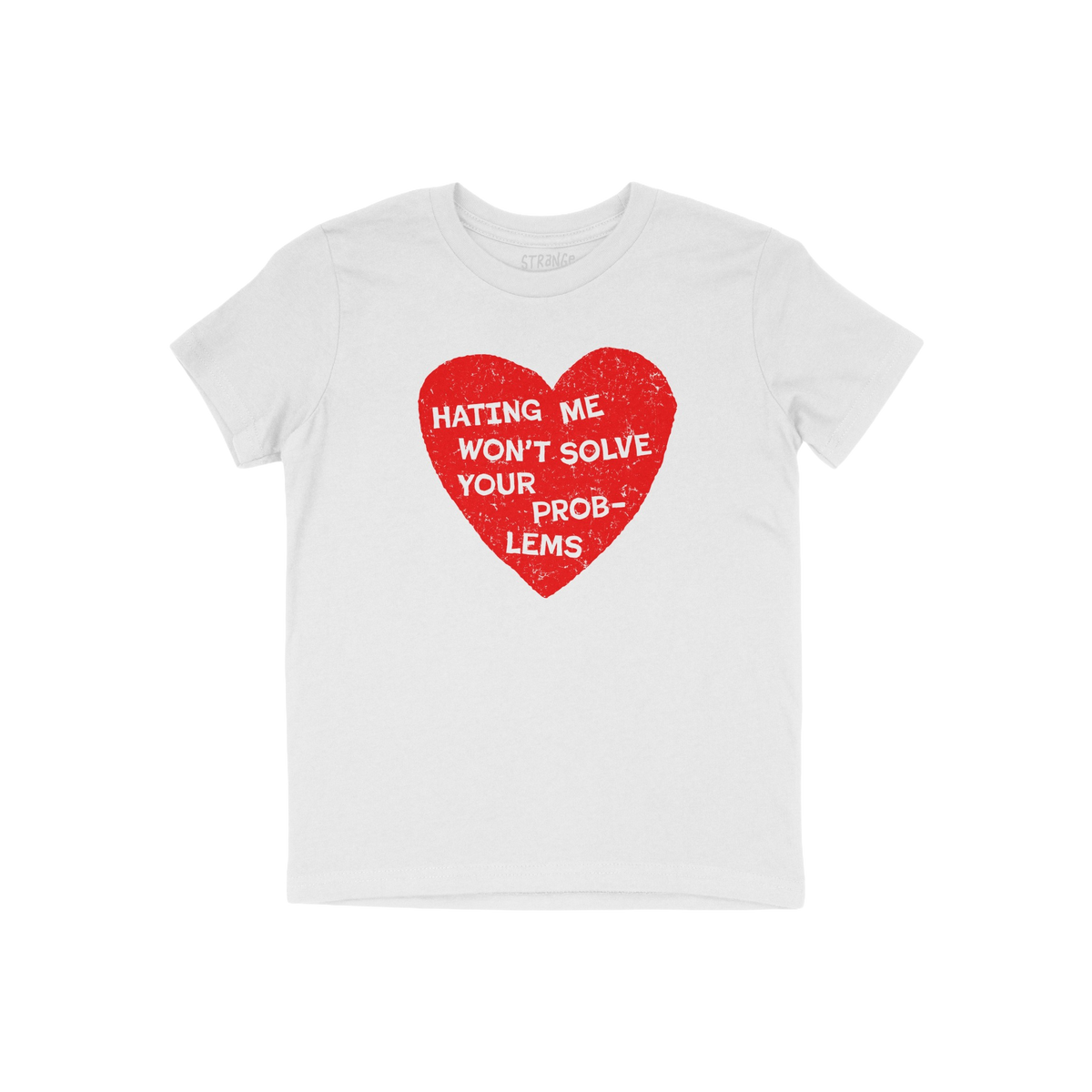 No Hate Shirt featuring a distressed red heart with the slogan Hating Me Won’t Solve Your Problems, symbolizing support for