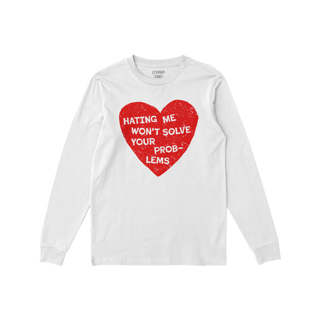 No Hate Shirt featuring a distressed red heart with the slogan “HATING ME WON’T SOLVE YOUR PROBLEMS,” advocating for LG