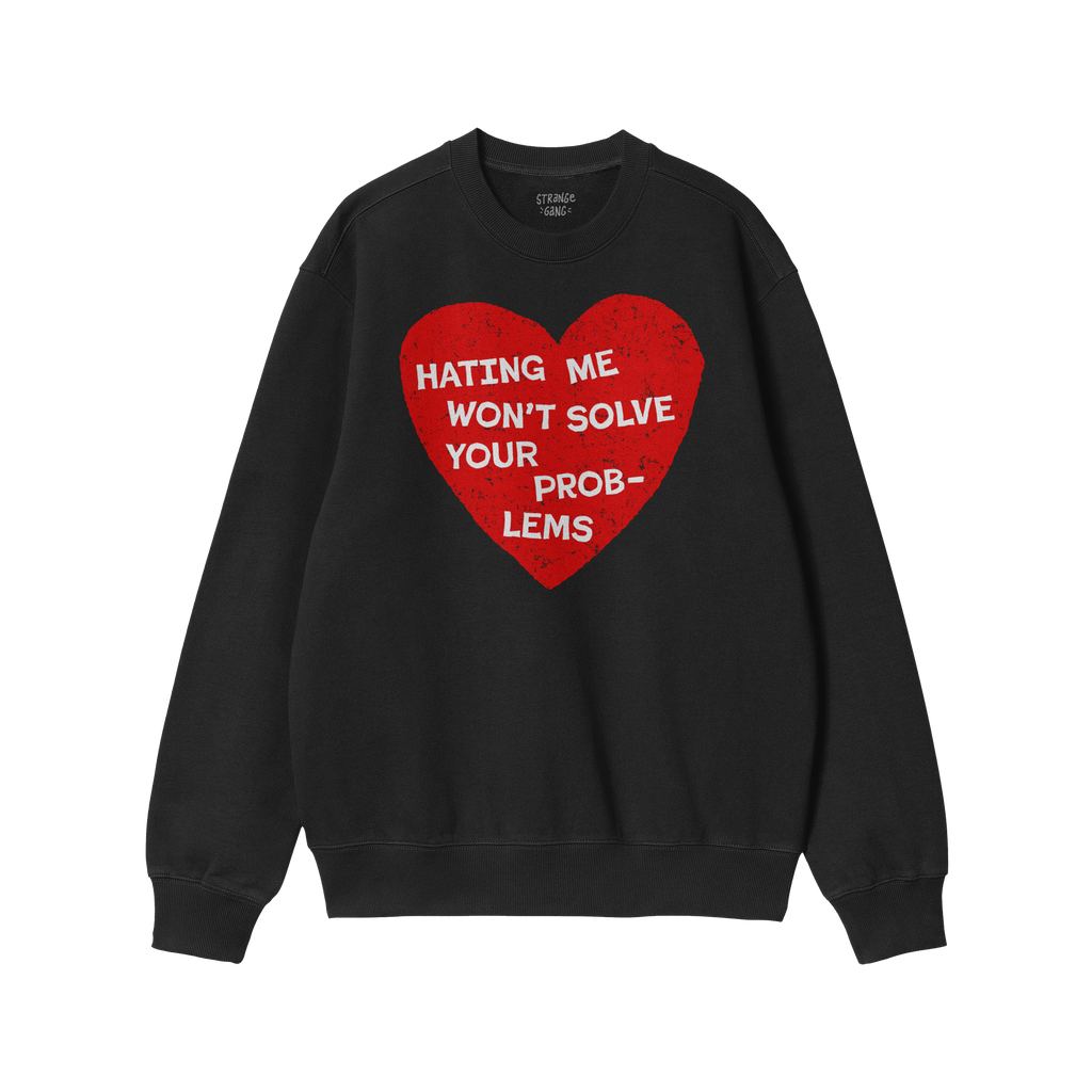 Black crewneck sweatshirt titled No Hate Shirt featuring a distressed red heart with bold white text, advocating against hate