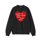 Black crewneck sweatshirt titled No Hate Shirt featuring a distressed red heart with bold white text, advocating against hate