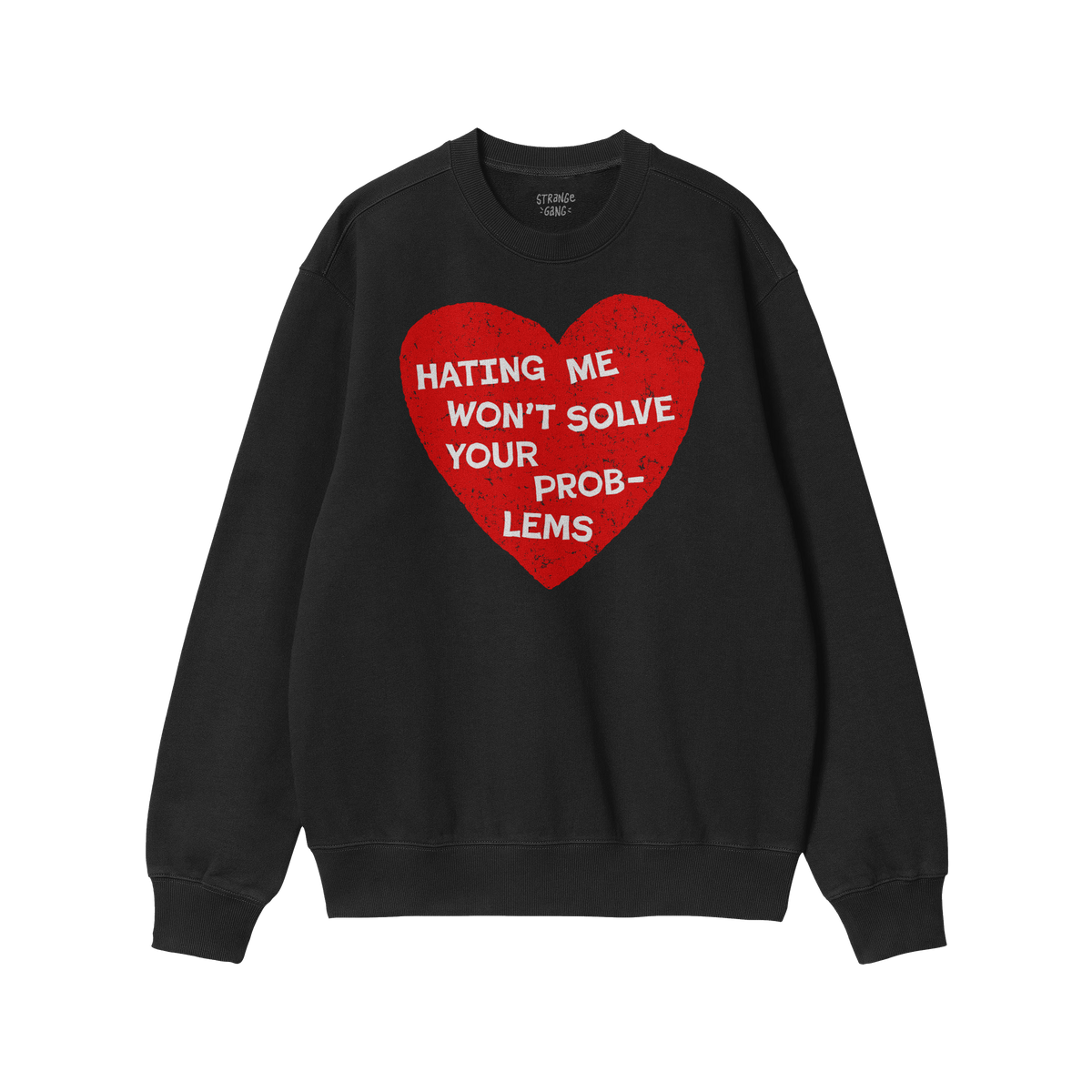 Black crewneck sweatshirt titled No Hate Shirt featuring a distressed red heart with bold white text, advocating against hate