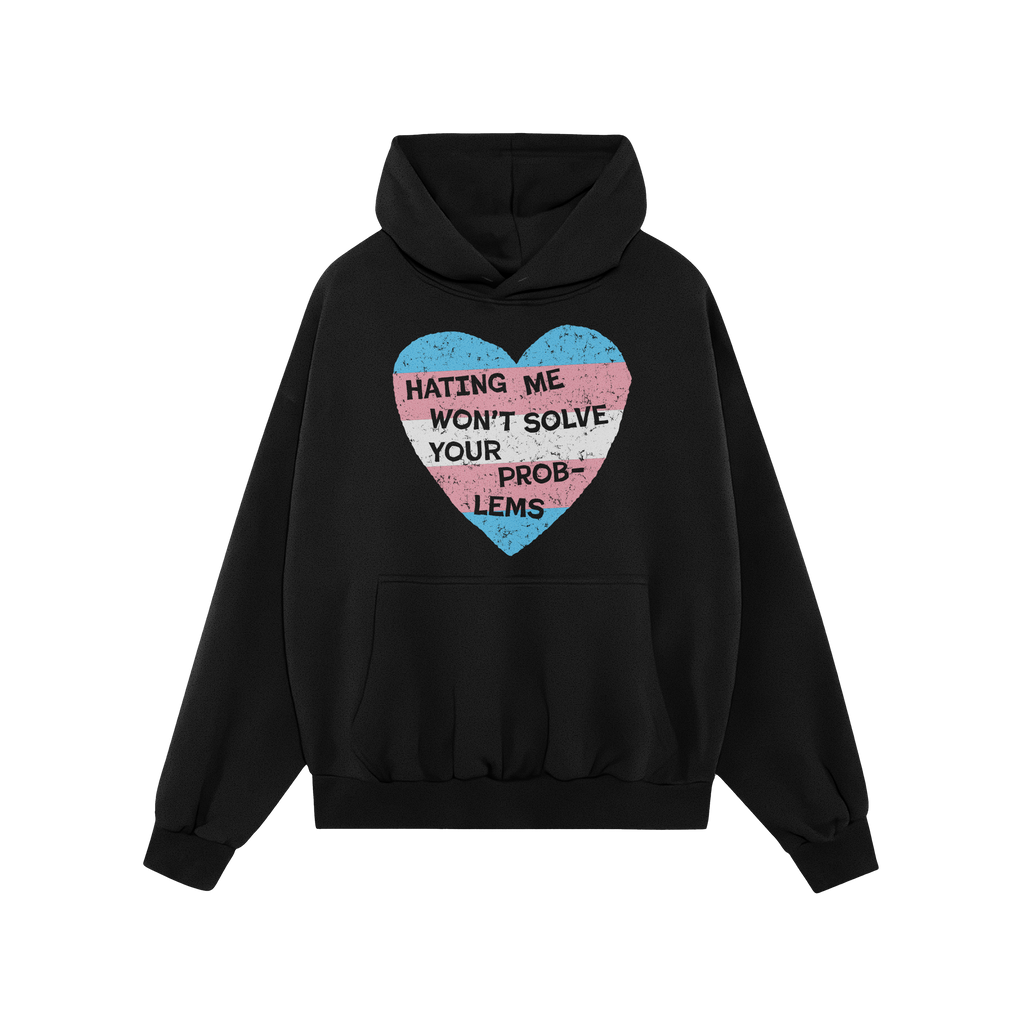 Black pullover hoodie featuring the No Trans Hate Shirt design with a distressed heart in trans pride colors and the bold tex