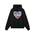 Black pullover hoodie featuring the No Trans Hate Shirt design with a distressed heart in trans pride colors and the bold tex