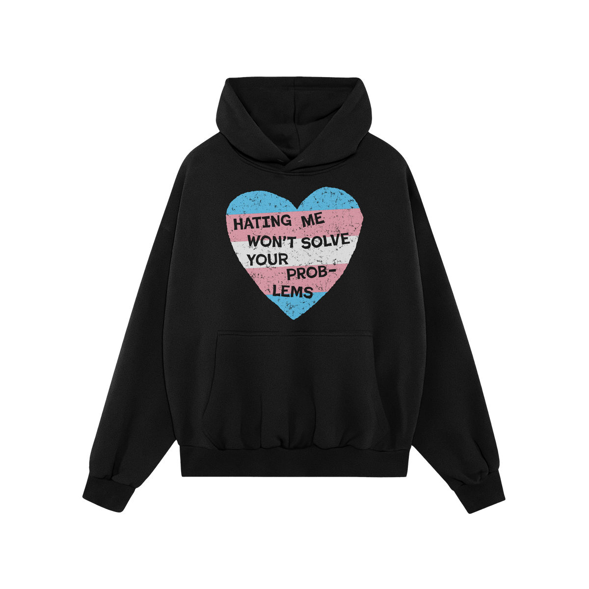 Black pullover hoodie featuring the No Trans Hate Shirt design with a distressed heart in trans pride colors and the bold tex