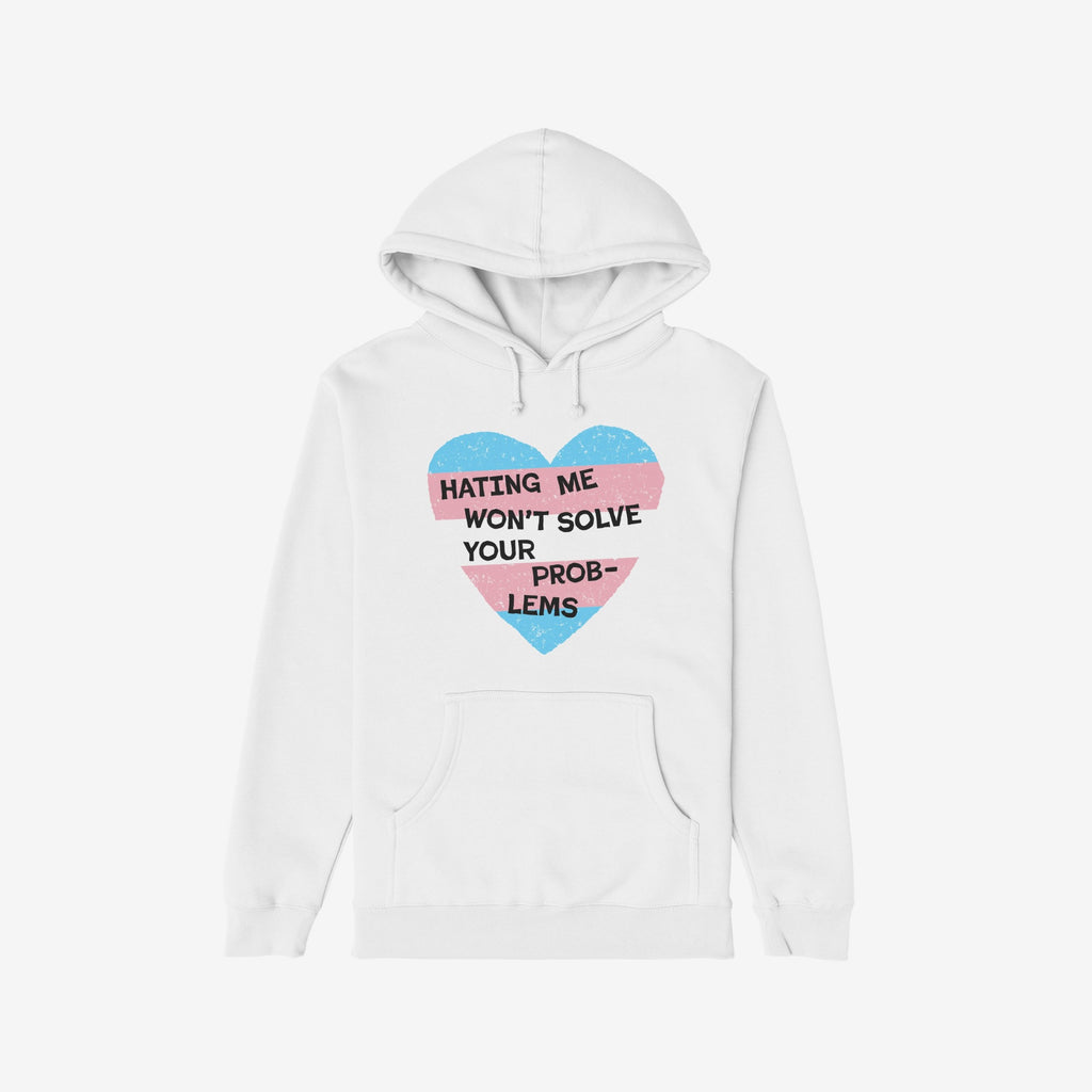White hoodie featuring the No Trans Hate Shirt design, showcasing a hand-painted heart in trans flag colors with powerful black lettering, advocating for trans visibility and pride.
