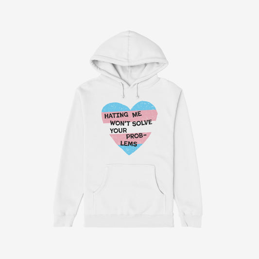 White hoodie featuring the No Trans Hate Shirt design, showcasing a hand-painted heart in trans flag colors with powerful black lettering, advocating for trans visibility and pride.