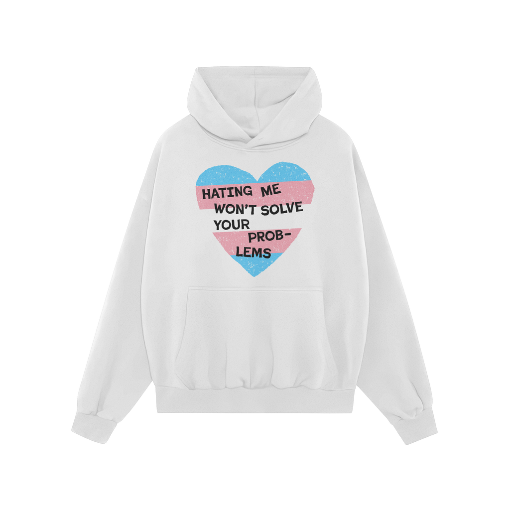 White hoodie featuring the No Trans Hate Shirt design, showcasing a hand-painted heart in trans flag colors with powerful bla
