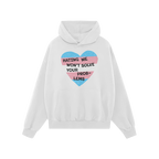 White hoodie featuring the No Trans Hate Shirt design, showcasing a hand-painted heart in trans flag colors with powerful bla