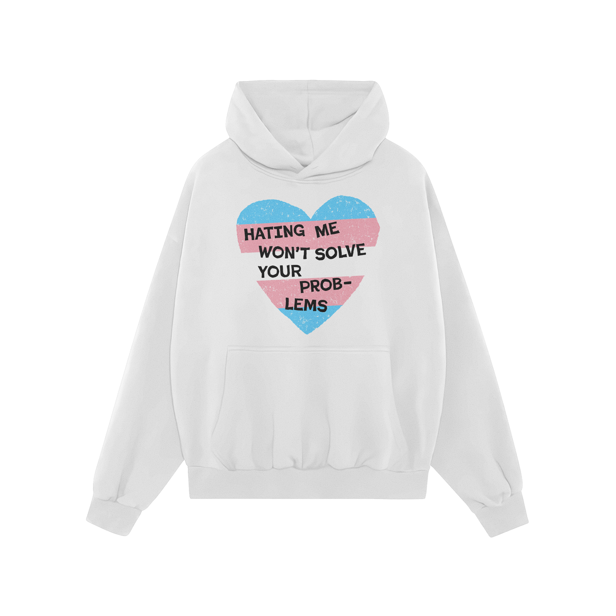 White hoodie featuring the No Trans Hate Shirt design, showcasing a hand-painted heart in trans flag colors with powerful bla