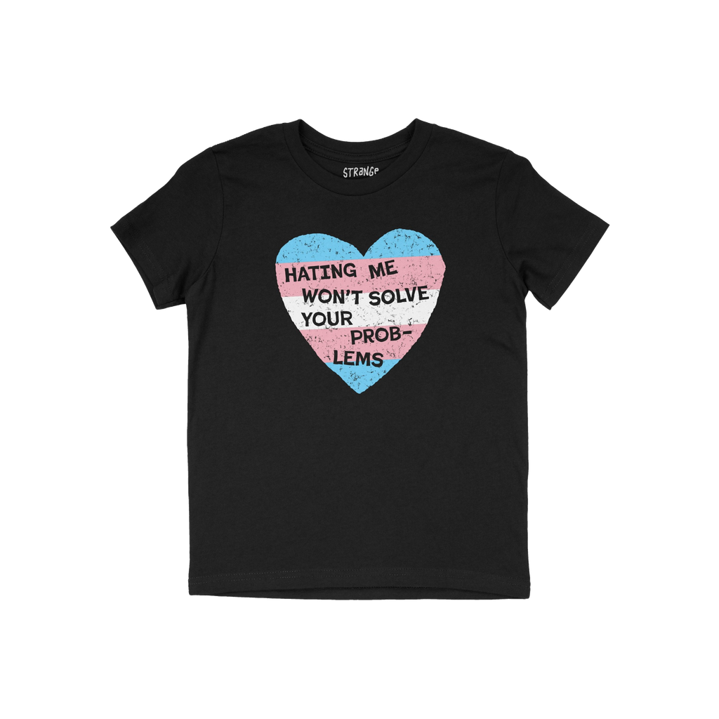 No Trans Hate Shirt featuring a distressed heart in transgender-pride colors and bold slogan, Hating Me Won’t Solve Your Pr