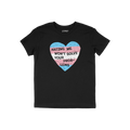 No Trans Hate Shirt featuring a distressed heart in transgender-pride colors and bold slogan, Hating Me Won’t Solve Your Pr