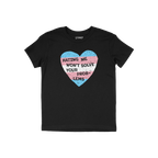 No Trans Hate Shirt featuring a distressed heart in transgender-pride colors and bold slogan, Hating Me Won’t Solve Your Pr