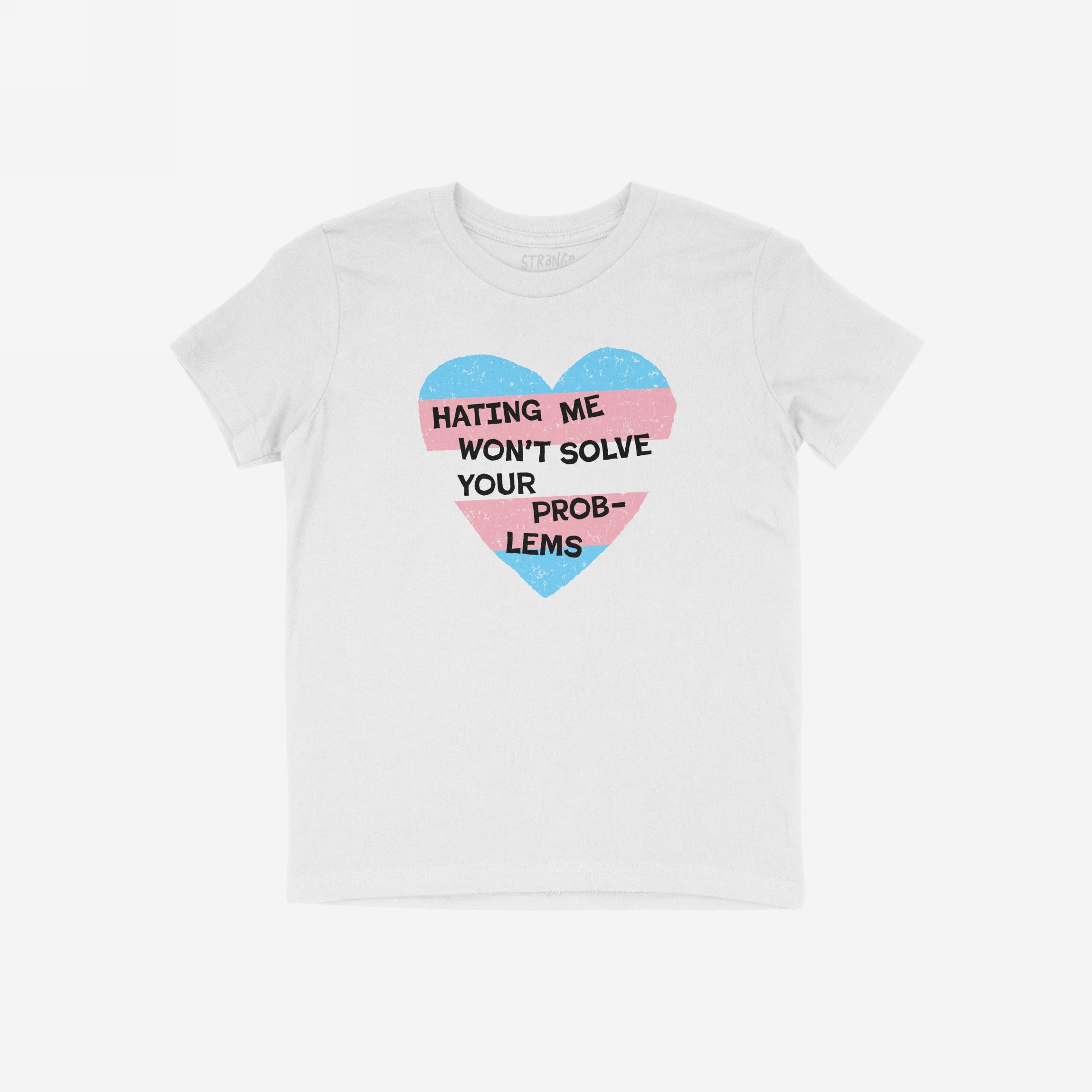 No Trans Hate Shirt featuring a bold heart graphic with sky-blue and pastel-pink stripes, showcasing a powerful slogan that promotes trans visibility and pride.